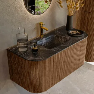 MONDIAZ Kurve-dlux 100cm badmeubel - kleur Walnut - 1 lade - GRUNNE wastafel - wasbak Links en Rechts - 1 kraangat - kleur Lava