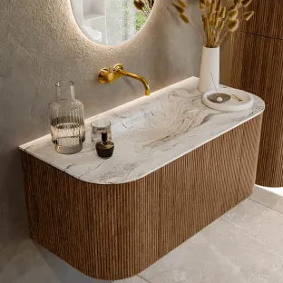 MONDIAZ Kurve-dlux 100cm badmeubel - kleur Walnut - 1 lade - GRUNNE wastafel - wasbak Links en Rechts - zonder kraangat - kleur Glace