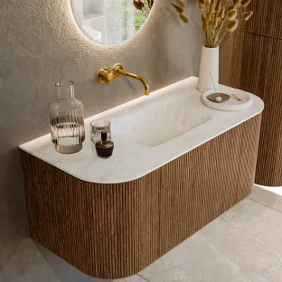 MONDIAZ Kurve-dlux 100cm badmeubel - kleur Walnut - 1 lade - GRUNNE wastafel - wasbak Links en Rechts - zonder kraangat - kleur Opalo