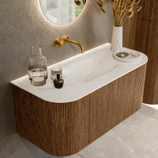 MONDIAZ Kurve-dlux 100cm badmeubel - kleur Walnut - 1 lade - GRUNNE wastafel - wasbak Links en Rechts - zonder kraangat - kleur Ostra