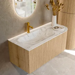 MONDIAZ Kurve-dlux 105cm badmeubel - kleur Oak - 1 lade - BIG SMALL wastafel - wasbak midden - 1 kraangat - kleur Glace