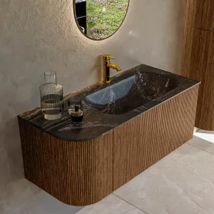 MONDIAZ Kurve-dlux 105cm badmeubel - kleur Walnut - 2 lades - BIG SMALL wastafel - wasbak Links - 1 kraangat - kleur Lava