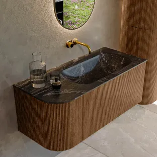 MONDIAZ Kurve-dlux 105cm badmeubel - kleur Walnut - 2 lades - BIG SMALL wastafel - wasbak Links - zonder kraangat - kleur Lava