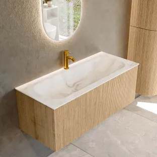 MONDIAZ Kurve-dlux 110cm badmeubel - kleur Oak - 1 lade - BIG MEDIUM wastafel - wasbak midden - 1 kraangat - kleur Frappe