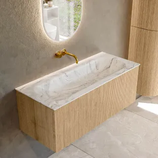 MONDIAZ Kurve-dlux 110cm badmeubel - kleur Oak - 1 lade - BIG MEDIUM wastafel - wasbak midden - zonder kraangat - kleur Glace