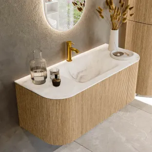 MONDIAZ Kurve-dlux 110cm badmeubel - kleur Oak - 1 lade - CLOUD wastafel - wasbak Links en Rechts - 1 kraangat - kleur Frappe
