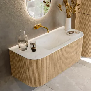 MONDIAZ Kurve-dlux 110cm badmeubel - kleur Oak - 1 lade - CLOUD wastafel - wasbak Links en Rechts - zonder kraangat - kleur Opalo