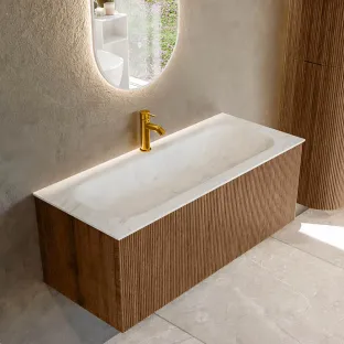 MONDIAZ Kurve-dlux 110cm badmeubel - kleur Walnut - 1 lade - BIG MEDIUM wastafel - wasbak midden - 1 kraangat - kleur Opalo