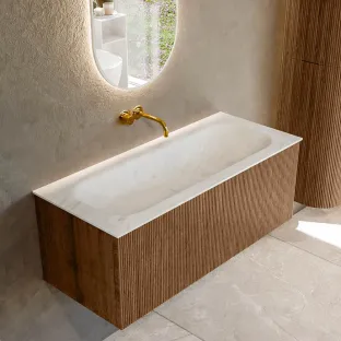 MONDIAZ Kurve-dlux 110cm badmeubel - kleur Walnut - 1 lade - BIG MEDIUM wastafel - wasbak midden - zonder kraangat - kleur Opalo