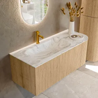 MONDIAZ Kurve-dlux 115cm badmeubel - kleur Oak - 1 lade - BIG SMALL wastafel - wasbak midden - 1 kraangat - kleur Glace