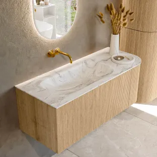 MONDIAZ Kurve-dlux 115cm badmeubel - kleur Oak - 1 lade - BIG SMALL wastafel - wasbak midden - zonder kraangat - kleur Glace