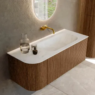 MONDIAZ Kurve-dlux 115cm badmeubel - kleur Walnut - 2 lades - BIG SMALL wastafel - wasbak Links - zonder kraangat - kleur Opalo