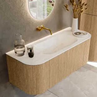 MONDIAZ Kurve-dlux 120cm badmeubel - kleur Oak - 1 lade - BIG SMALL wastafel - wasbak Links en Rechts - zonder kraangat - kleur Ostra