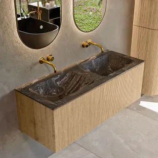MONDIAZ Kurve-dlux 120cm badmeubel - kleur Oak - 1 lade - LEAF wastafel - wasbak midden - zonder kraangat - kleur Lava