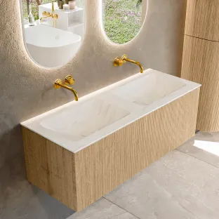 MONDIAZ Kurve-dlux 120cm badmeubel - kleur Oak - 1 lade - LEAF wastafel - wasbak midden - zonder kraangat - kleur Opalo