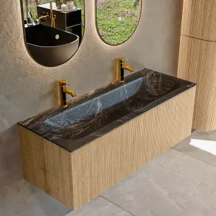MONDIAZ Kurve-dlux 120cm badmeubel - kleur Oak - 2 lades - BIG LARGE wastafel - wasbak Links - 2 kraangaten - kleur Lava