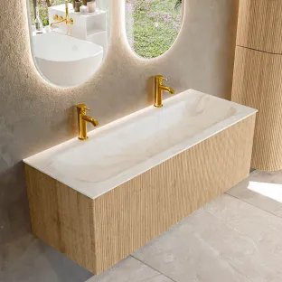 MONDIAZ Kurve-dlux 120cm badmeubel - kleur Oak - 2 lades - BIG LARGE wastafel - wasbak Links - 2 kraangaten - kleur Ostra