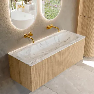 MONDIAZ Kurve-dlux 120cm badmeubel - kleur Oak - 2 lades - BIG LARGE wastafel - wasbak Links - zonder kraangat - kleur Glace