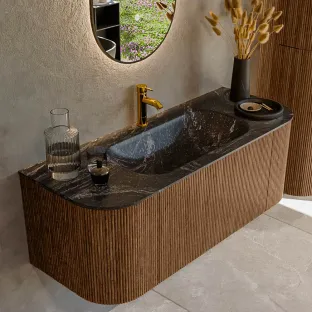 MONDIAZ Kurve-dlux 120cm badmeubel - kleur Walnut - 1 lade - BIG SMALL wastafel - wasbak Links en Rechts - 1 kraangat - kleur Lava