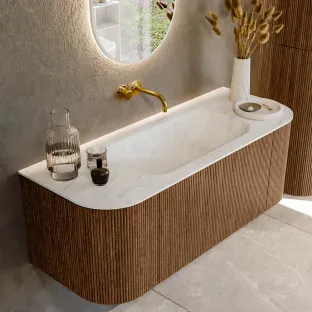 MONDIAZ Kurve-dlux 120cm badmeubel - kleur Walnut - 1 lade - BIG SMALL wastafel - wasbak Links en Rechts - zonder kraangat - kleur Opalo