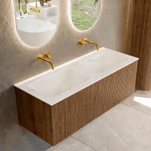 MONDIAZ Kurve-dlux 120cm badmeubel - kleur Walnut - 1 lade - LEAF wastafel - wasbak midden - zonder kraangat - kleur Ostra