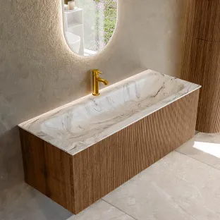 MONDIAZ Kurve-dlux 120cm badmeubel - kleur Walnut - 2 lades - BIG LARGE wastafel - wasbak Links - 1 kraangat - kleur Glace