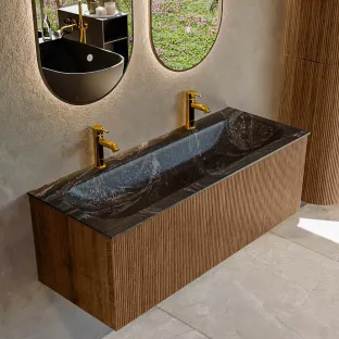 MONDIAZ Kurve-dlux 120cm badmeubel - kleur Walnut - 2 lades - BIG LARGE wastafel - wasbak Links - 2 kraangaten - kleur Lava