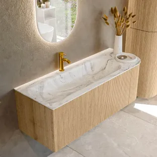 MONDIAZ Kurve-dlux 125cm badmeubel - kleur Oak - 1 lade - BIG MEDIUM wastafel - wasbak midden - 1 kraangat - kleur Glace