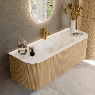 MONDIAZ Kurve-dlux 130cm badmeubel - kleur Oak - 1 lade - BIG SMALL wastafel - wasbak Links en Rechts - 1 kraangat - kleur Frappe