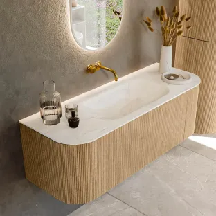 MONDIAZ Kurve-dlux 130cm badmeubel - kleur Oak - 1 lade - BIG SMALL wastafel - wasbak Links en Rechts - zonder kraangat - kleur Ostra