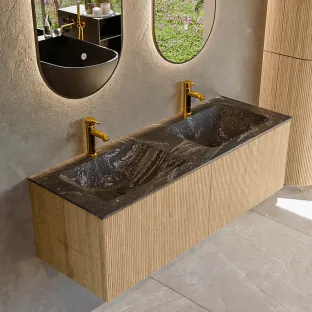 MONDIAZ Kurve-dlux 130cm badmeubel - kleur Oak - 1 lade - LEAF wastafel - wasbak midden - 2 kraangaten - kleur Lava