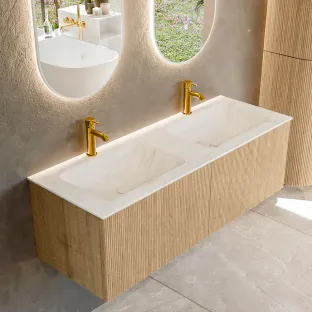 MONDIAZ Kurve-dlux 130cm badmeubel - kleur Oak - 1 lade - LEAF wastafel - wasbak midden - 2 kraangaten - kleur Opalo