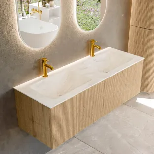 MONDIAZ Kurve-dlux 130cm badmeubel - kleur Oak - 1 lade - LEAF wastafel - wasbak midden - 2 kraangaten - kleur Ostra