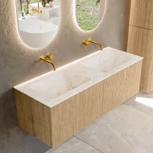 MONDIAZ Kurve-dlux 130cm badmeubel - kleur Oak - 1 lade - LEAF wastafel - wasbak midden - zonder kraangat - kleur Frappe