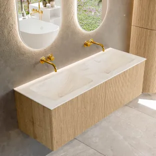 MONDIAZ Kurve-dlux 130cm badmeubel - kleur Oak - 1 lade - LEAF wastafel - wasbak midden - zonder kraangat - kleur Ostra