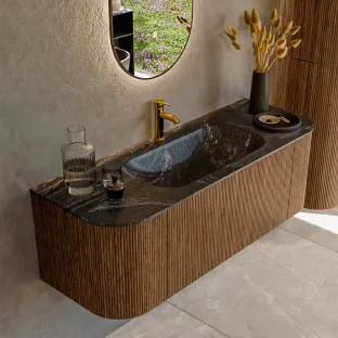 MONDIAZ Kurve-dlux 130cm badmeubel - kleur Walnut - 1 lade - BIG SMALL wastafel - wasbak Links en Rechts - 1 kraangat - kleur Lava