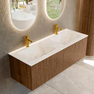 MONDIAZ Kurve-dlux 130cm badmeubel - kleur Walnut - 1 lade - LEAF wastafel - wasbak midden - 2 kraangaten - kleur Frappe
