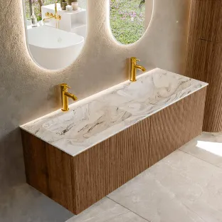 MONDIAZ Kurve-dlux 130cm badmeubel - kleur Walnut - 1 lade - LEAF wastafel - wasbak midden - 2 kraangaten - kleur Glace