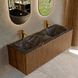 MONDIAZ Kurve-dlux 130cm badmeubel - kleur Walnut - 1 lade - LEAF wastafel - wasbak midden - 2 kraangaten - kleur Lava