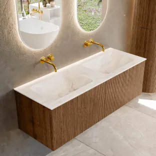 MONDIAZ Kurve-dlux 130cm badmeubel - kleur Walnut - 1 lade - LEAF wastafel - wasbak midden - zonder kraangat - kleur Frappe