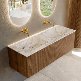 MONDIAZ Kurve-dlux 130cm badmeubel - kleur Walnut - 1 lade - LEAF wastafel - wasbak midden - zonder kraangat - kleur Glace