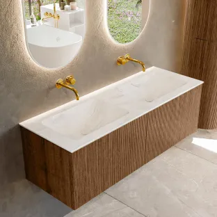 MONDIAZ Kurve-dlux 130cm badmeubel - kleur Walnut - 1 lade - LEAF wastafel - wasbak midden - zonder kraangat - kleur Ostra