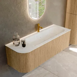MONDIAZ Kurve-dlux 135cm badmeubel - kleur Oak - 2 lades - BIG MEDIUM wastafel - wasbak Links - 1 kraangat - kleur Opalo