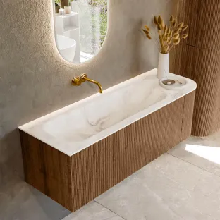 MONDIAZ Kurve-dlux 135cm badmeubel - kleur Walnut - 1 lade - BIG MEDIUM wastafel - wasbak midden - zonder kraangat - kleur Frappe