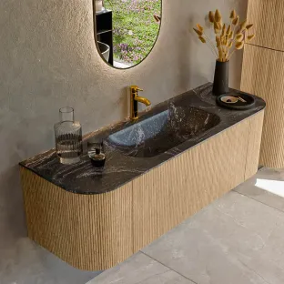 MONDIAZ Kurve-dlux 140cm badmeubel - kleur Oak - 1 lade - BIG SMALL wastafel - wasbak Links en Rechts - 1 kraangat - kleur Lava