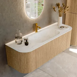 MONDIAZ Kurve-dlux 140cm badmeubel - kleur Oak - 1 lade - BIG SMALL wastafel - wasbak Links en Rechts - 1 kraangat - kleur Opalo