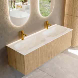 MONDIAZ Kurve-dlux 140cm badmeubel - kleur Oak - 1 lade - STOR SMALL wastafel - wasbak midden - 2 kraangaten - kleur Ostra