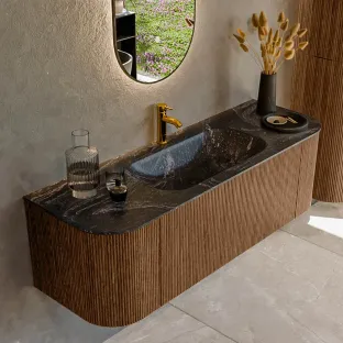 MONDIAZ Kurve-dlux 140cm badmeubel - kleur Walnut - 1 lade - BIG SMALL wastafel - wasbak Links en Rechts - 1 kraangat - kleur Lava