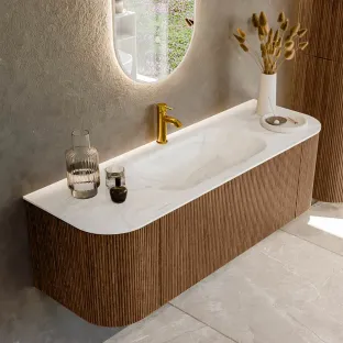 MONDIAZ Kurve-dlux 140cm badmeubel - kleur Walnut - 1 lade - BIG SMALL wastafel - wasbak Links en Rechts - 1 kraangat - kleur Ostra