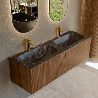 MONDIAZ Kurve-dlux 140cm badmeubel - kleur Walnut - 1 lade - STOR SMALL wastafel - wasbak midden - 2 kraangaten - kleur Lava